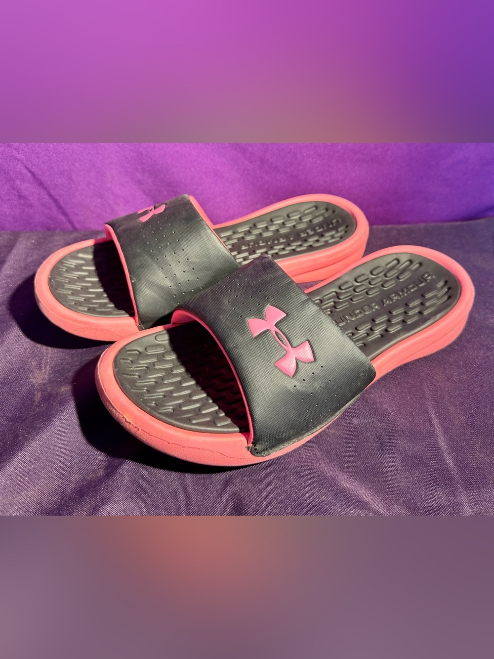 Under Armour Women’s Black and Pink Slide Sandals with Logo